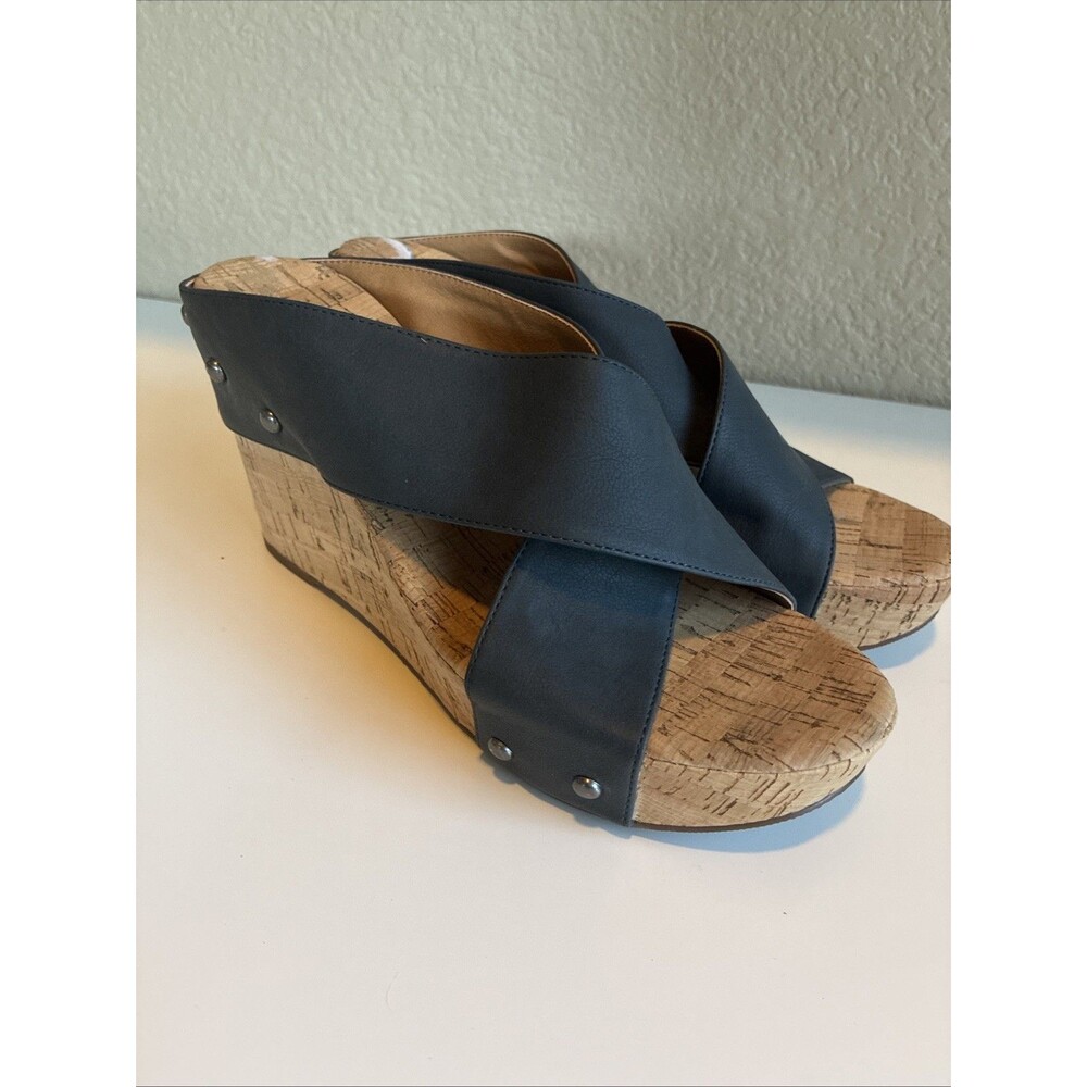 Lucky Brand Size 7.5M Womens Wedge Cork Leather Studded Blue Sandal Boho Coastal